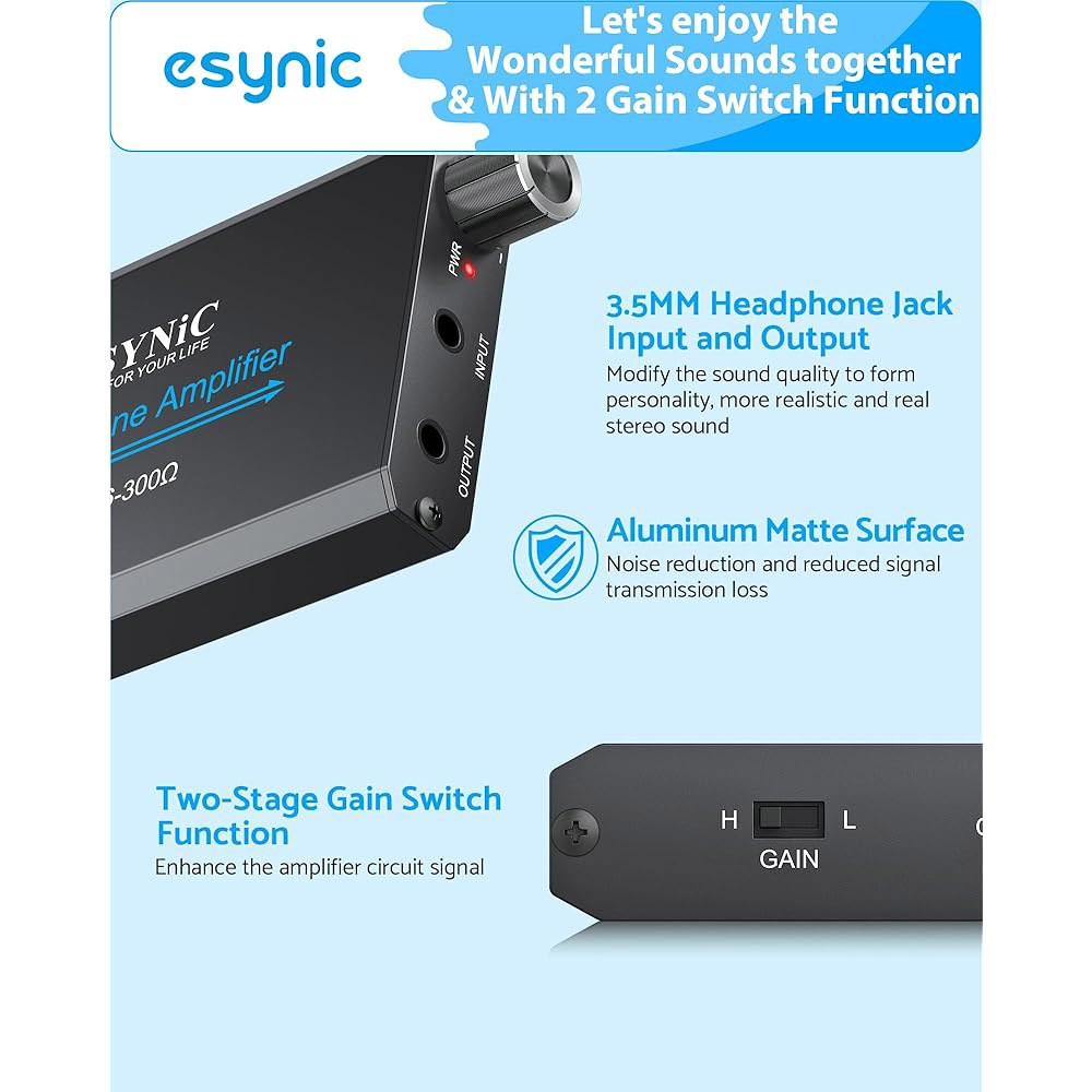 휴대폰 / 노트북 PC MP4 게임 콘솔용 eSynic 16-300옴 휴대용 헤드폰 앰프 - 게인 스위치 및 볼륨 조절-알루미늄 합금 3.5mm AUX 오디오 포함 1000mAH - 상세 이미지 2