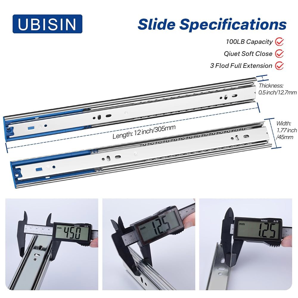 Ubisin 부드럽게 닫히는 볼 베어링 마운트 1쌍 연장 서랍 전체 캐비닛, 슬라이드 30.5cm(12인치), 45.4kg(100파운드) 레일, 3섹션 스틸 도구 상자, 사이드 - 상세 이미지 2