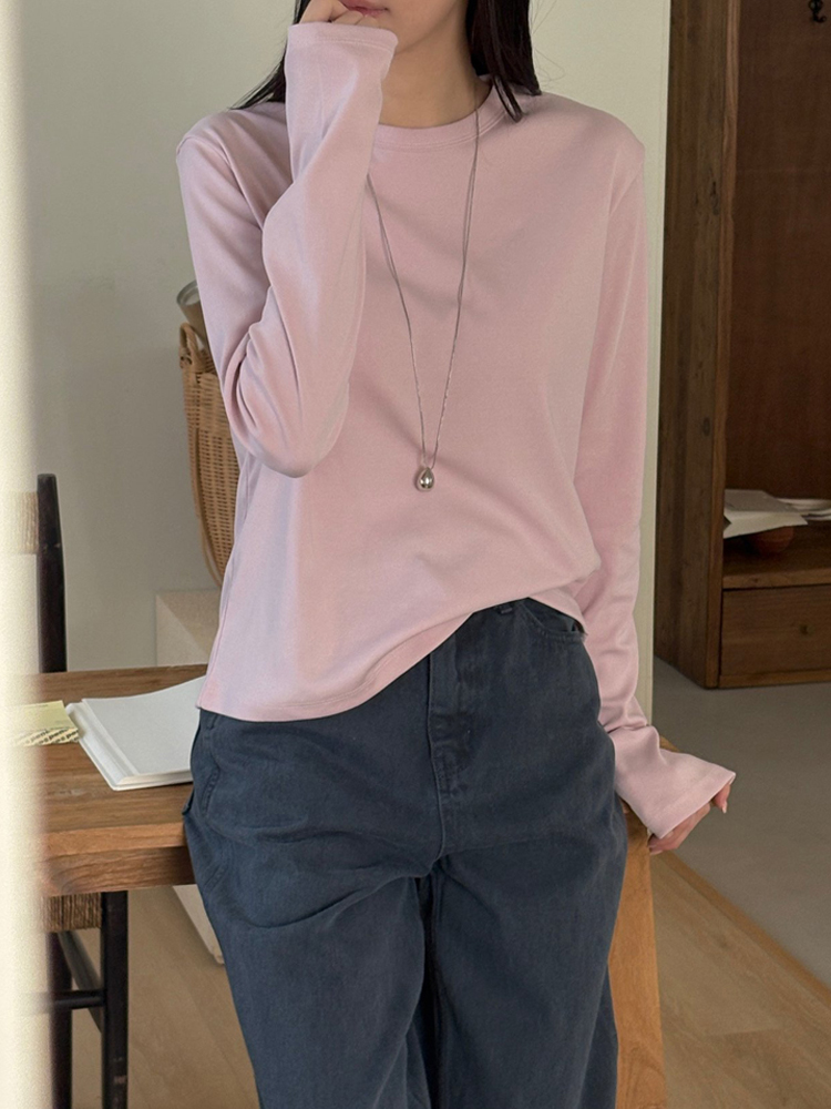 부드러운 코튼 혼방 가을 여성 티셔츠 기본 라운드 레이어드 이너티 여자 긴팔티 이미지 6