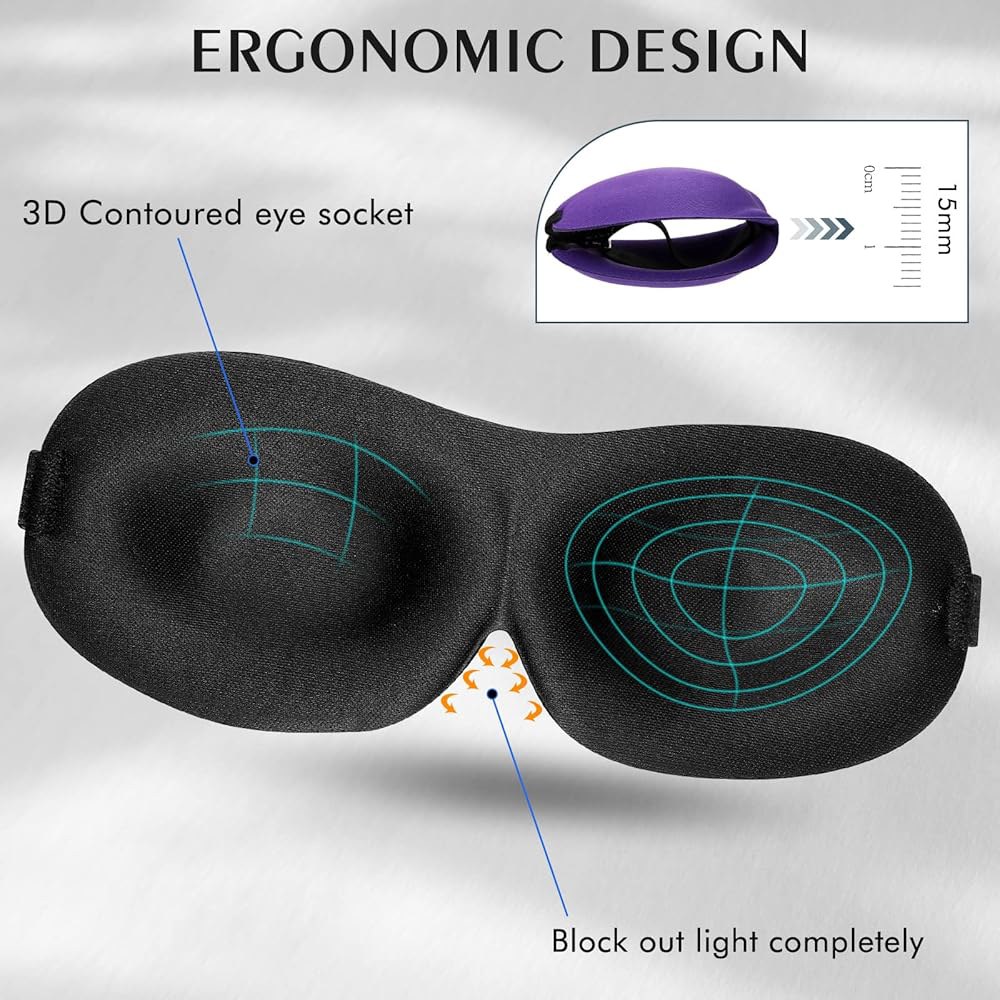 보누시 12팩 수면 안대 블랙아웃 3D 마스크, 초경량 밤 눈가리개용 커버, 조절 가능한 스트랩 포함 남성 여행 선물용 뒷면 및 옆면 침목(보라색, 검은색, 파란색) - 상세 이미지 2