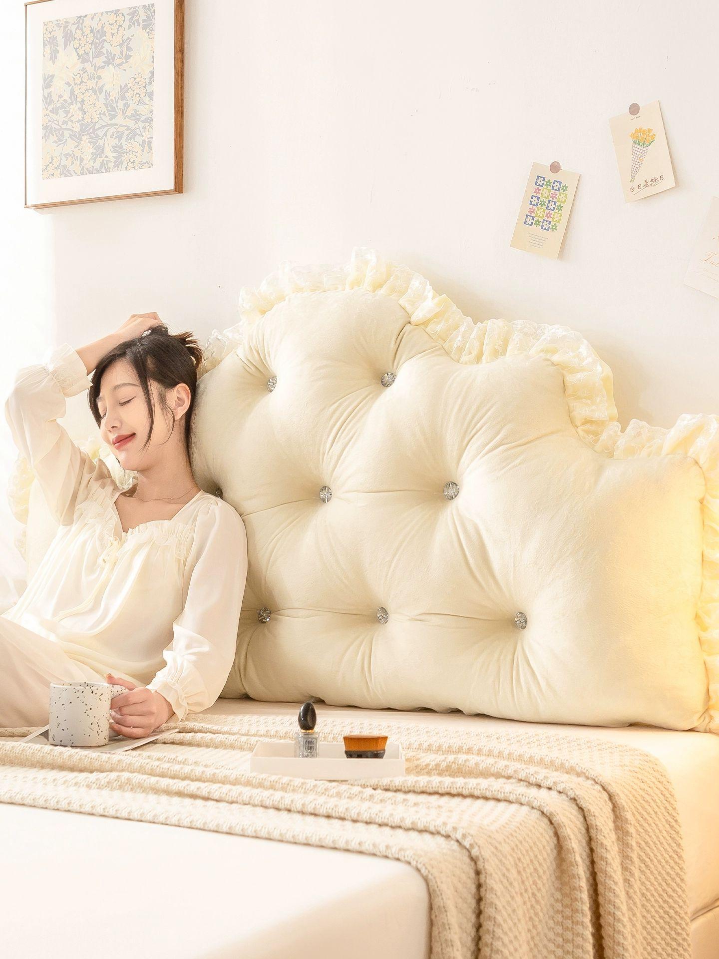 공주풍 침대 헤드쿠션 베이지 등받이 왕관 세탁가능 등쿠션 프릴 레이스 - 상세 이미지 2