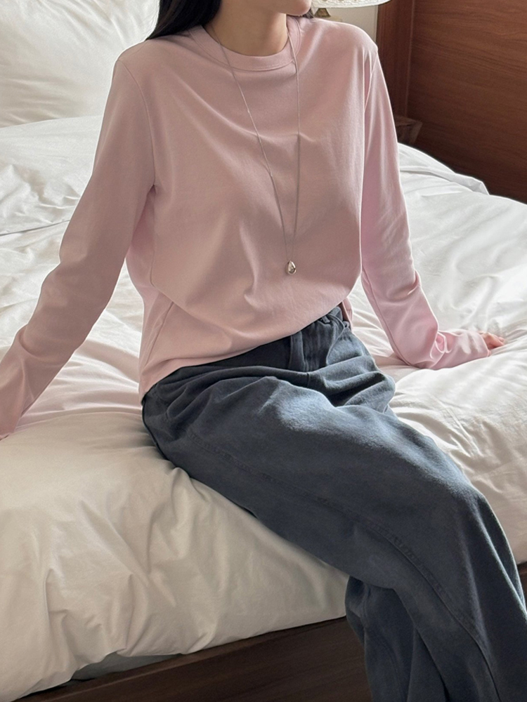 부드러운 코튼 혼방 가을 여성 티셔츠 기본 라운드 레이어드 이너티 여자 긴팔티 - 상세 이미지 4