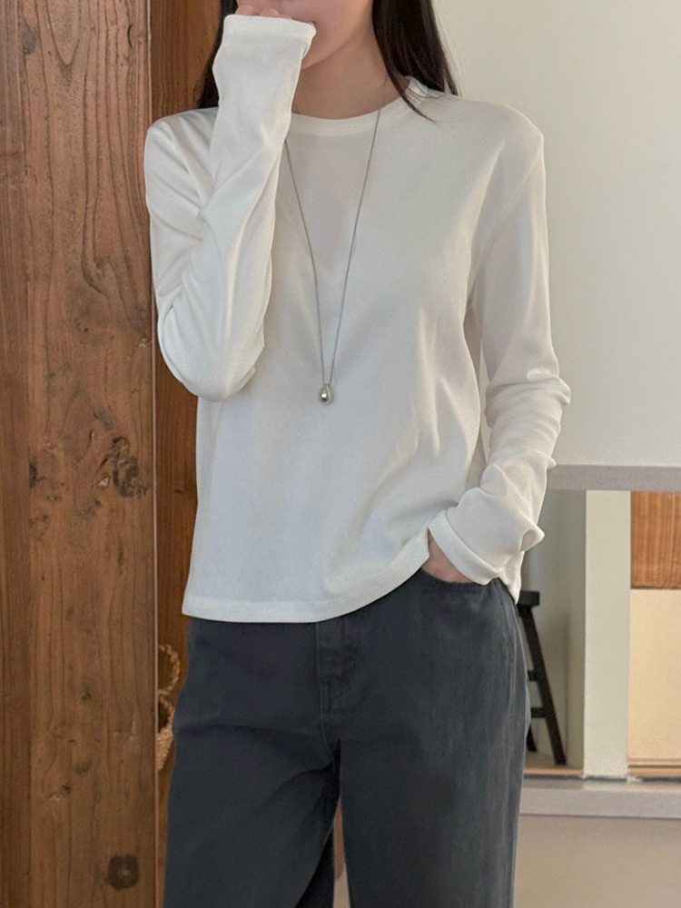 부드러운 코튼 혼방 가을 여성 티셔츠 기본 라운드 레이어드 이너티 여자 긴팔티 이미지 7