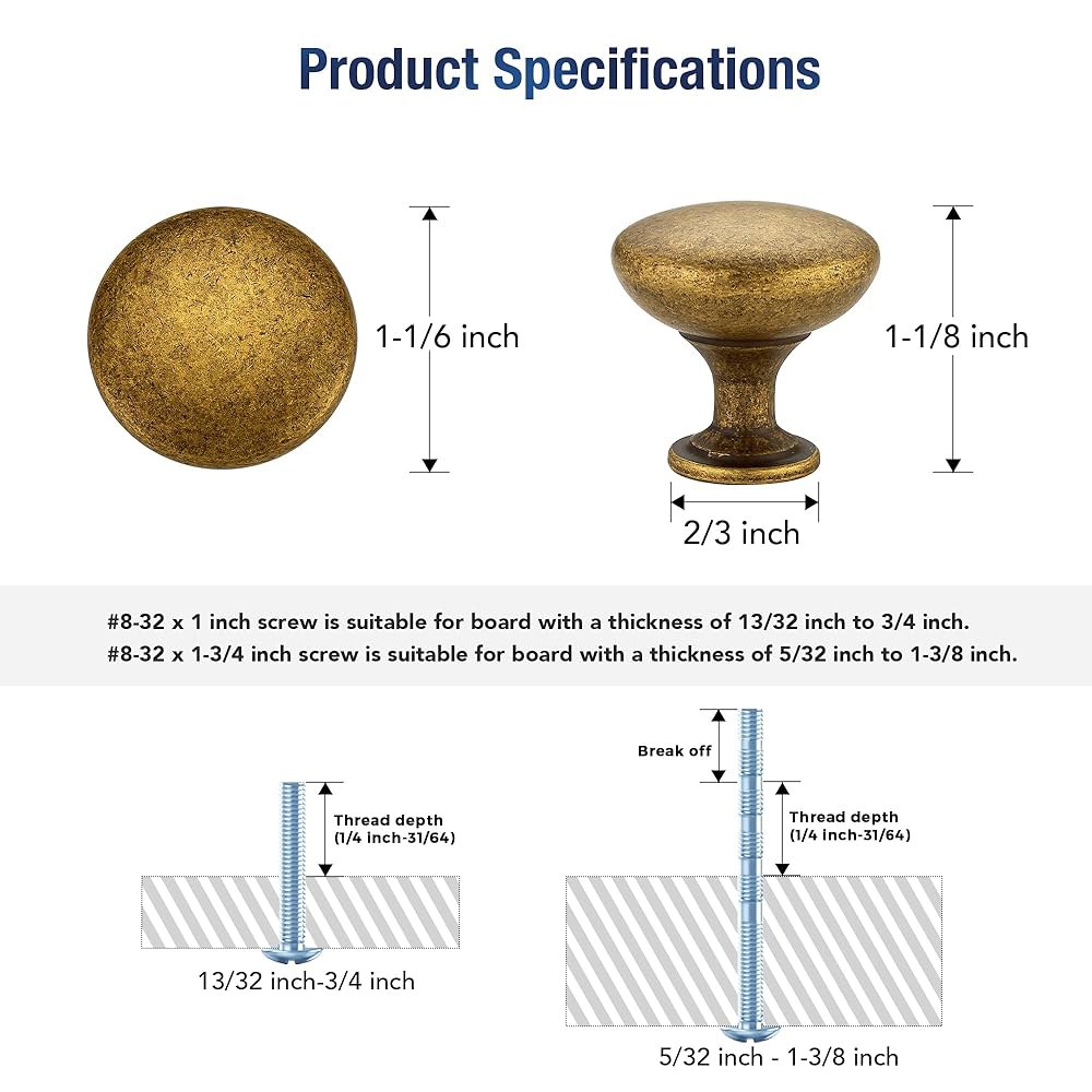 JOY DECOR 5팩 앤티크 황동 주방 아연 솔리드 손잡이 캐비닛 서랍 3.2cm(1-1/6인치) 5 Antique Brass - 상세 이미지 3