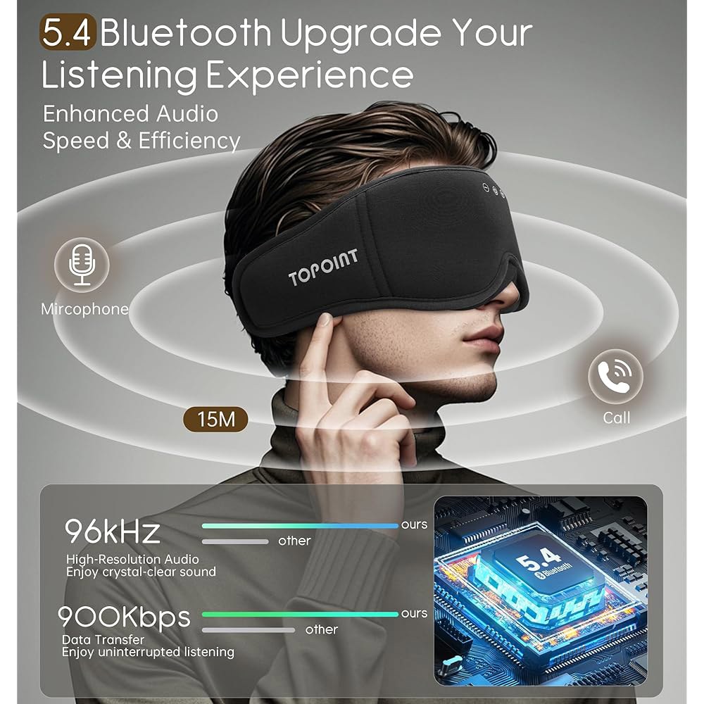 헤드폰이 달린 수면 안대 블루투스 5.4, 부드러운 대나무 면이 있는 TOPPOINT 3D 마스크 블랙아웃 사이드 슬 여성 남성용, 헤드폰 이어폰 HD 스피커 마이크 여행 명상 - 상세 이미지 3