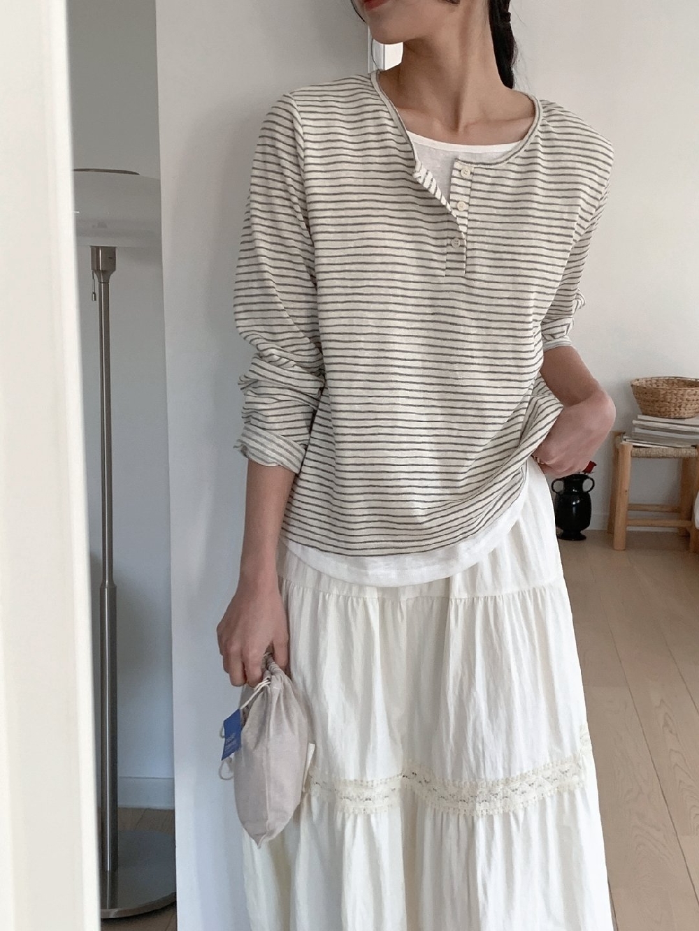 스트라이프티셔츠 레이어드 배색 봄 단추 긴팔 티셔츠 - 상세 이미지 4