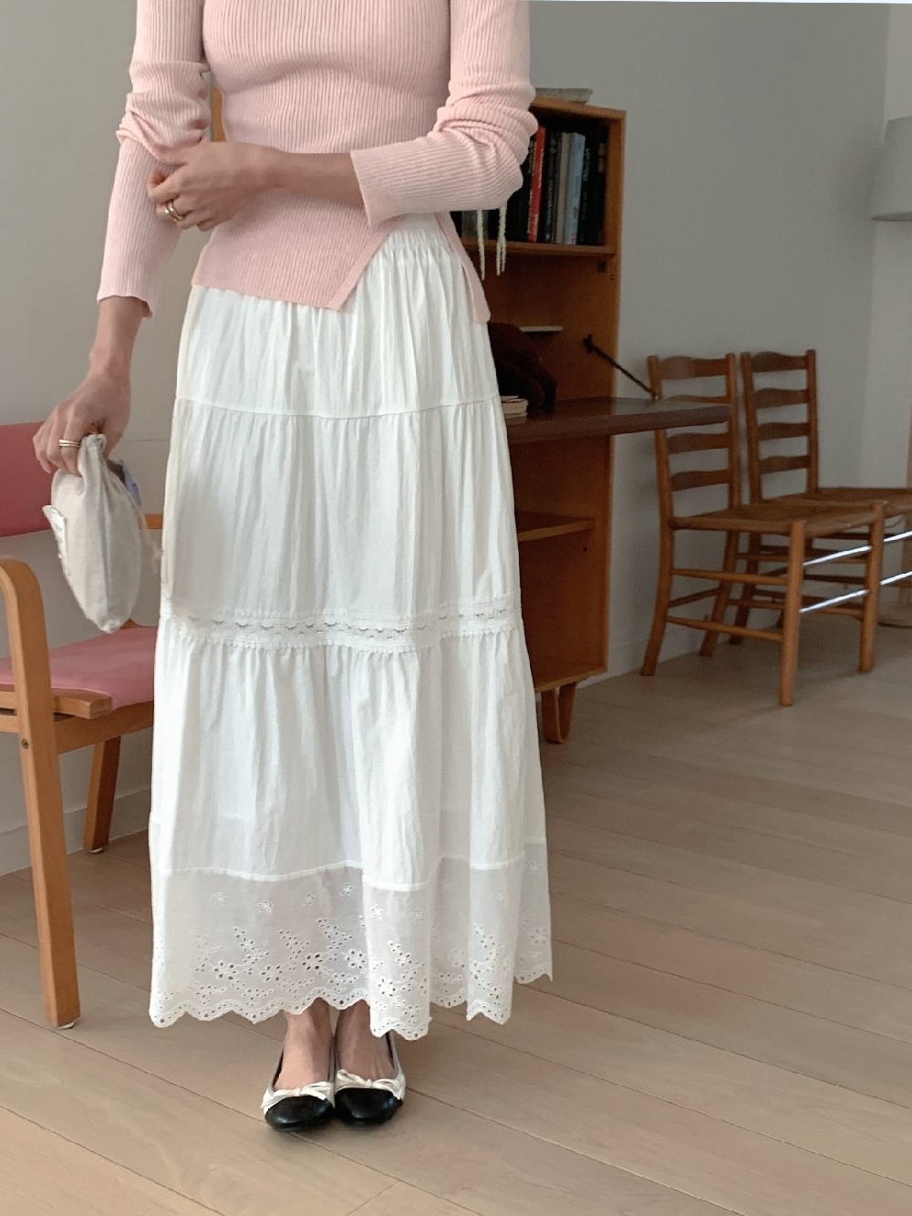 롱스커트 플레어 레이스 캉캉 밴딩 스커트 - 상세 이미지 4