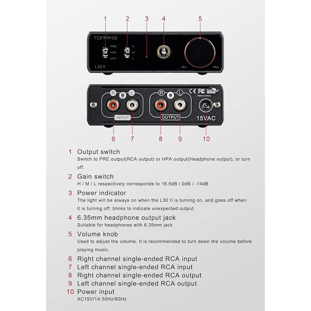 탑핑 L30II NFCA 리니어 헤드폰 앰프 - 6.35mm 잭 3.5mm 어댑터 RCA 입력 및 출력 37Vpp 고출력 전압 미니 하이파이 오디오 고해상도 프리앰프(블랙) - 상세 이미지 2