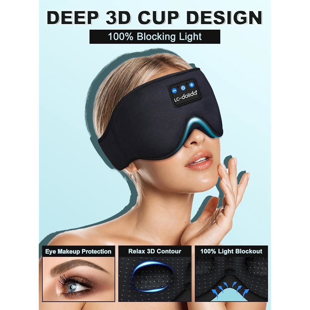 LC-돌리다 슬립 헤드폰, 3D 수면 안대 블루투스 무선 음악 마스크, 측면 수면자용 헤드폰으로 수면에 완벽한 초박형 스테레오 스피커 Light Blue - 상세 이미지 2