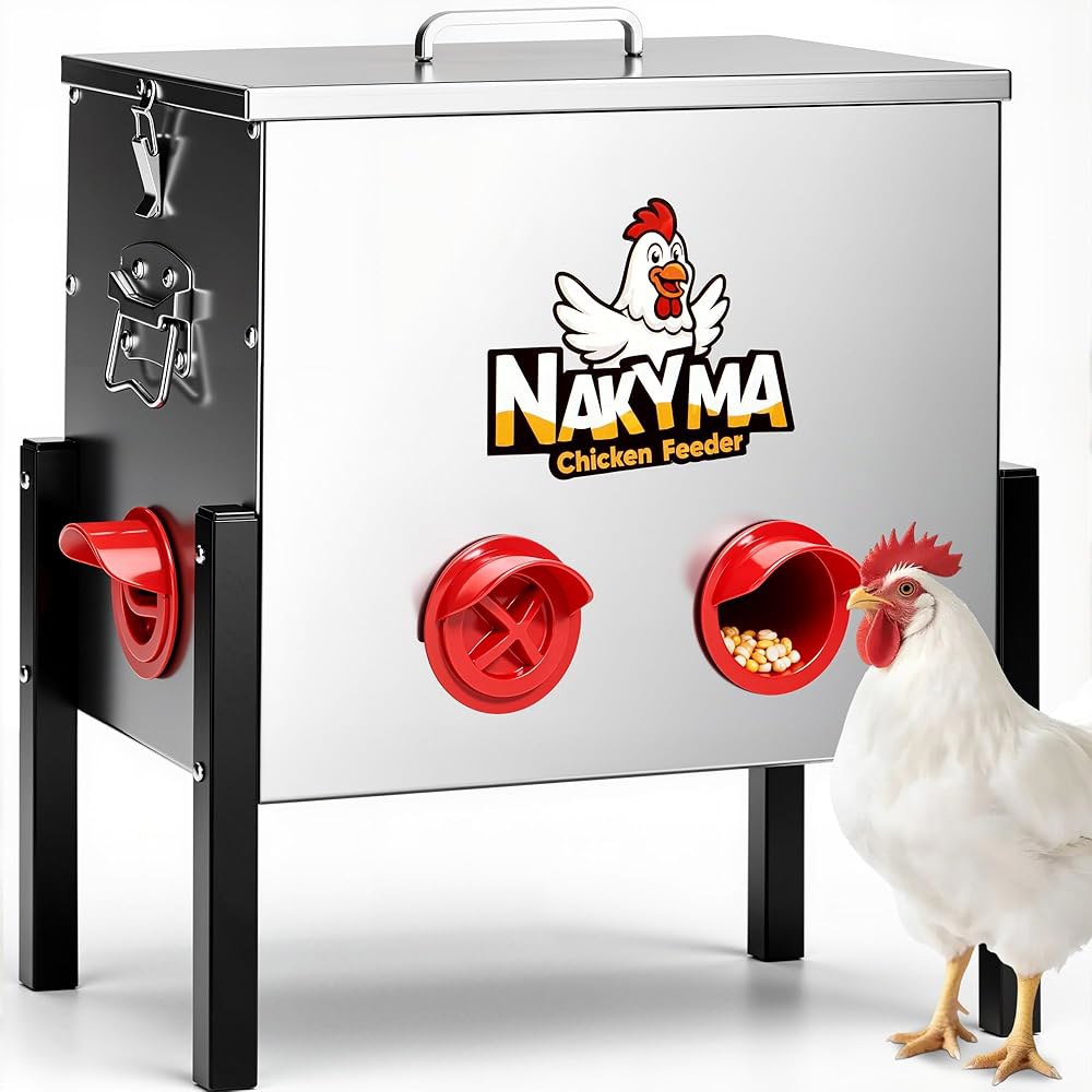 자동 닭 급식기 - 22.7kg(50파운드) 모이통, 식품 피더, 가금류 및 폐기물 닭을 뚜껑 6-12마리의 다리 포함 대용량 금속 없음, 내후성 6포트 디스펜서 위한 - 상품 이미지