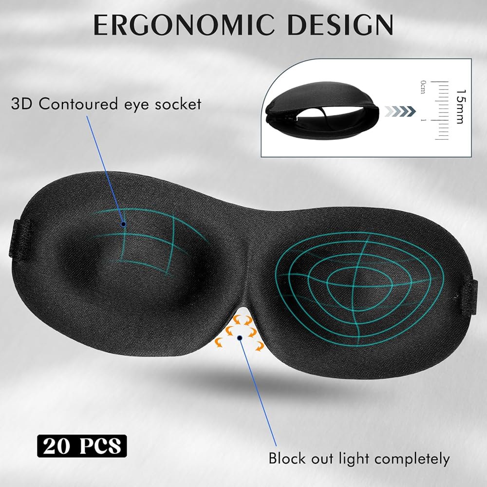 보누시 20팩 수면 안대 블랙아웃 3D 마스크, 초경량 밤 눈가리개용 눈가리개 남성 여행 선물용 스트랩 포함 (블랙 벌크) 12 Black - 상세 이미지 2