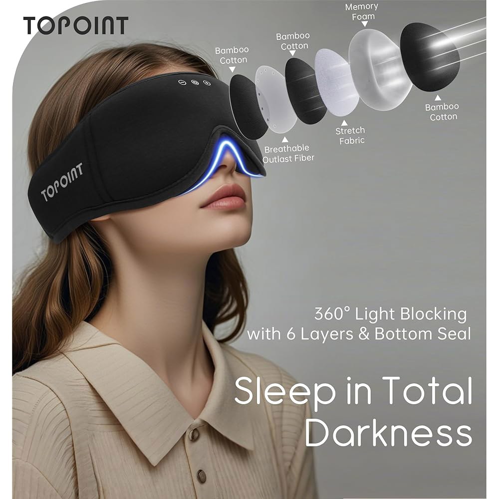 헤드폰이 달린 수면 안대 블루투스 5.4, 부드러운 대나무 면이 있는 TOPPOINT 3D 마스크 블랙아웃 사이드 슬 여성 남성용, 헤드폰 이어폰 HD 스피커 마이크 여행 명상 - 상세 이미지 2