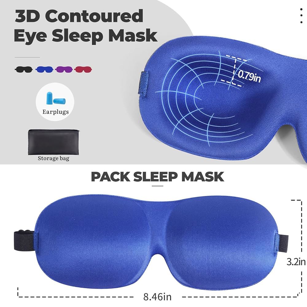 여성 및 남성용 4팩 수면 안대, 수면을 위한 조절식 암막 3D 마스크, 여행용 낮잠 밤을 보관 가방 귀마개 포함 눈가리개(블랙, 퍼플, 블루, 그레이) - 상세 이미지 2