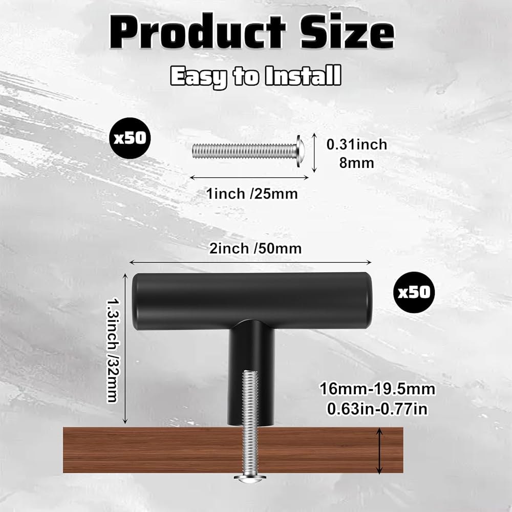PercyEffie 50팩 캐비닛 손잡이, 5.1cm(2인치) 구멍 바 하드웨어용 주방 드레서 서랍 욕실 스틸, 블랙 T 핸들 손잡이 스테인리스 단일 브러시드 - 상세 이미지 3