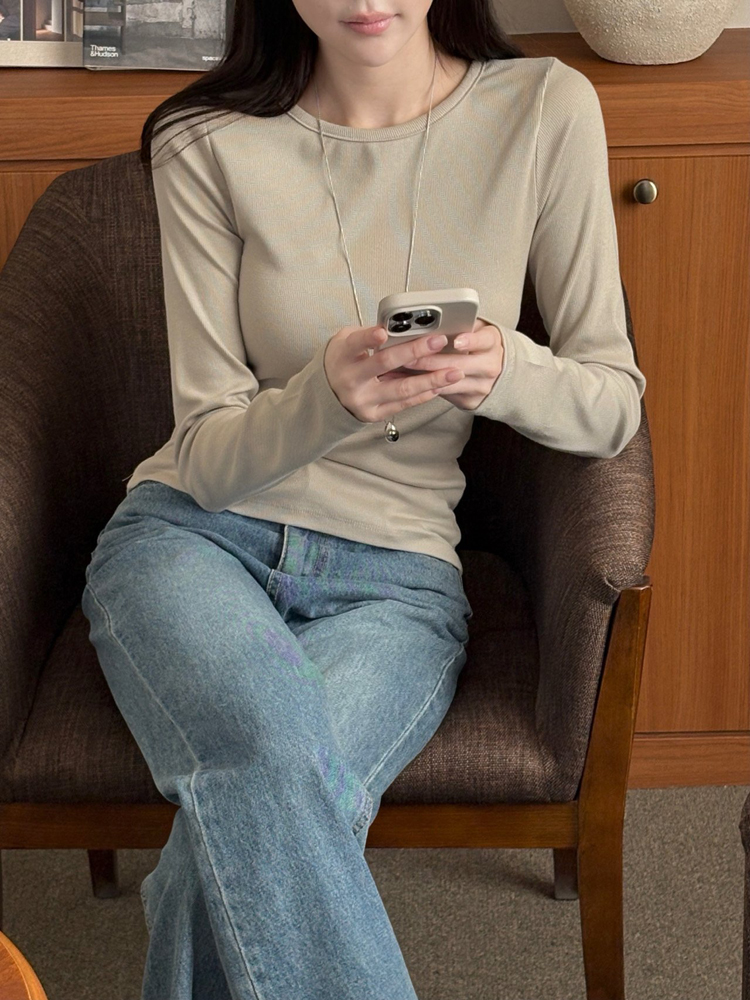 슬림핏 와이드 유넥 골지 코튼 스판 모달 이너티 봄 여성 티셔츠 기본 레이어드 여자 긴팔티 이미지 8