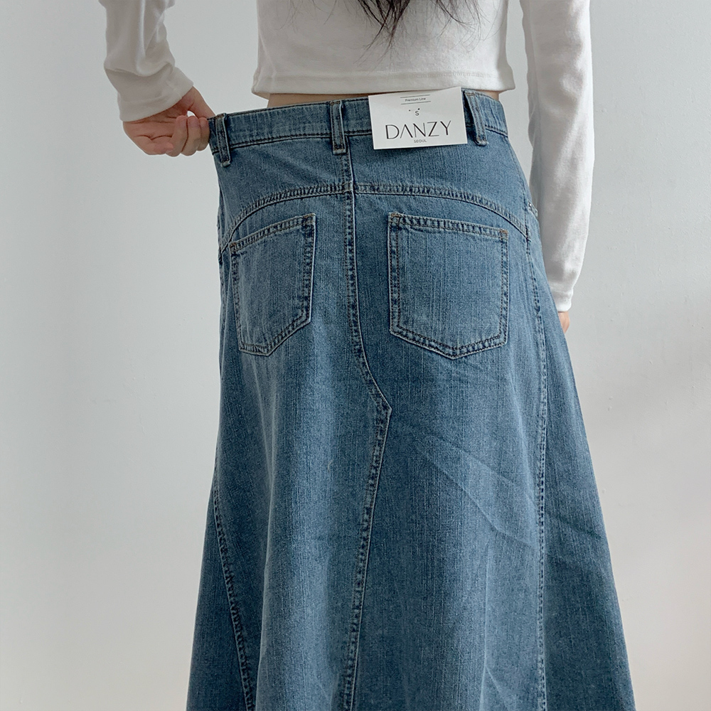 여성 와이드핏 중청데님 롱스커트 앞트임 히든밴딩 사선절개 라인 경슬럽 봄맥시청치마(S-L) 이미지 6