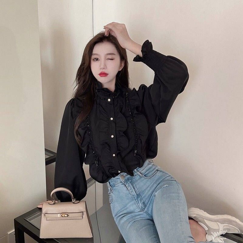 하이넥프릴블라우스 빅사이즈 벌룬 쉬폰 남방 여성 프릴넥 - 상세 이미지 4