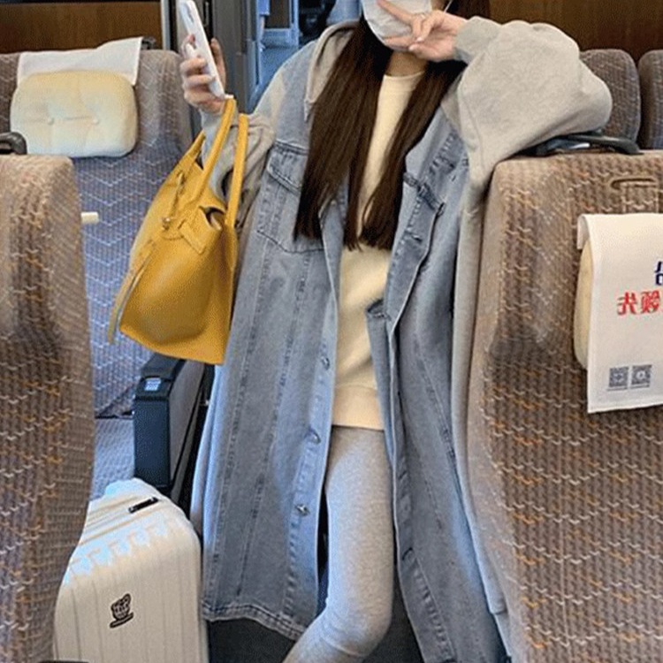 여성 가을 겨울 데님 면혼방 배색 롱기장 후드 루즈핏 오버사이즈 벌룬소매 데일리 캐주얼 - 상세 이미지 2
