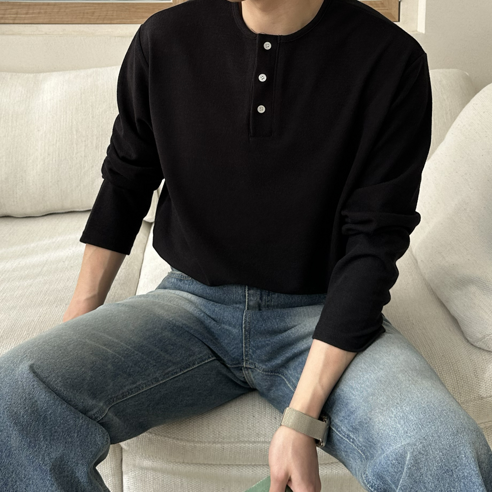 피케 티셔츠 구김없는 오버핏 헨리넥 티셔츠 남자 긴팔티 - 상세 이미지 2