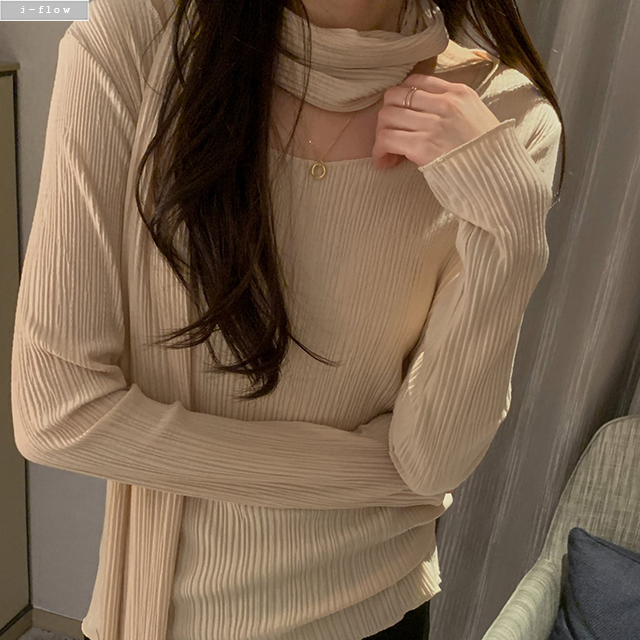 원모 머플러 하프 플리츠 티셔츠 3col 봄 가을 주름 스판 블라우스 레이어드 제이플로우 - 상세 이미지 5