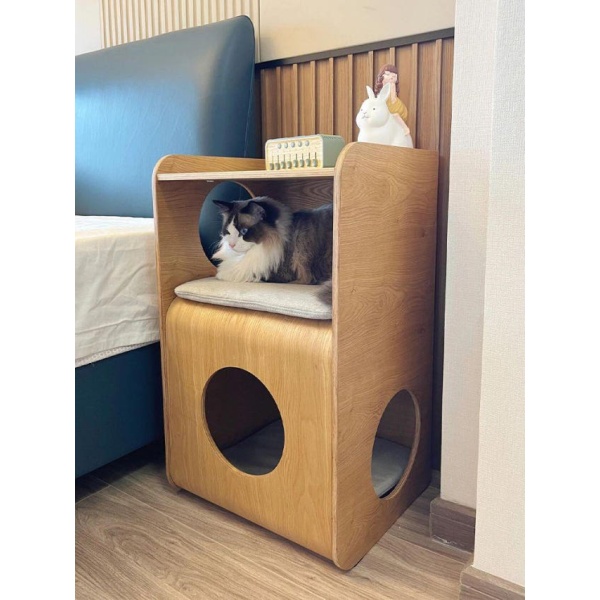 프리미엄 원목 실내 고양이 집 테이블 겸 가구 보금자리 침대 공간 이갈이 놀이 단층 원목색 단층 - 상세 이미지 3