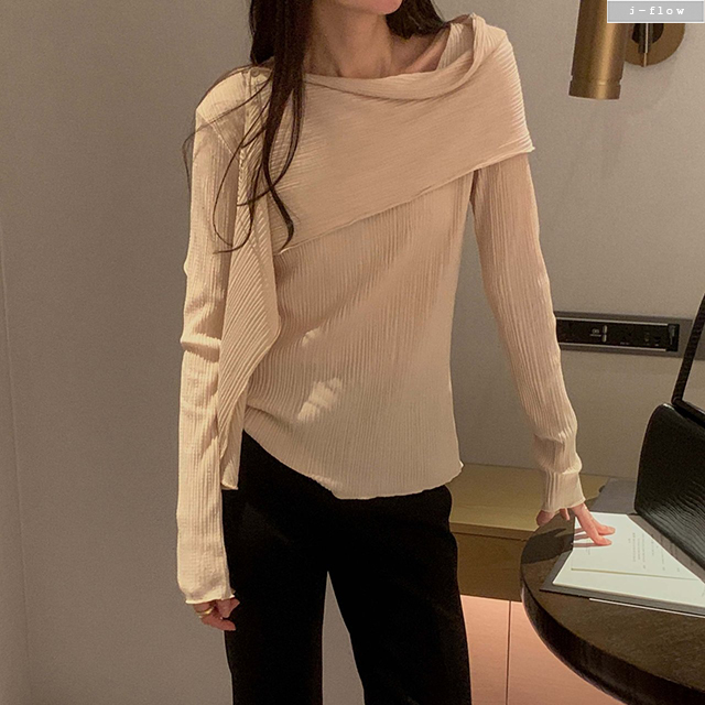 원모 머플러 하프 플리츠 티셔츠 3col 봄 가을 주름 스판 블라우스 레이어드 제이플로우 - 상품 이미지