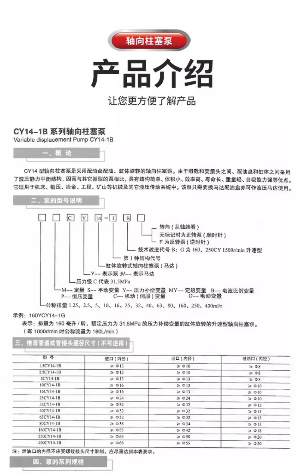 수동 축 피스톤 펌프 유압 모터 108 125 160 250 400SCY14-1B