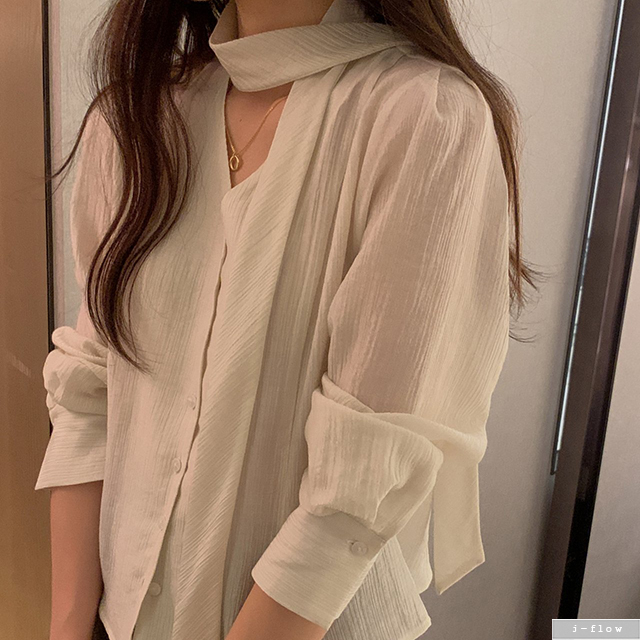 르와 타이넥 세미크롭 주름 블라우스 3col 봄 가을 쉬폰 새틴 브이넥 하객 제이플로우 이미지 6