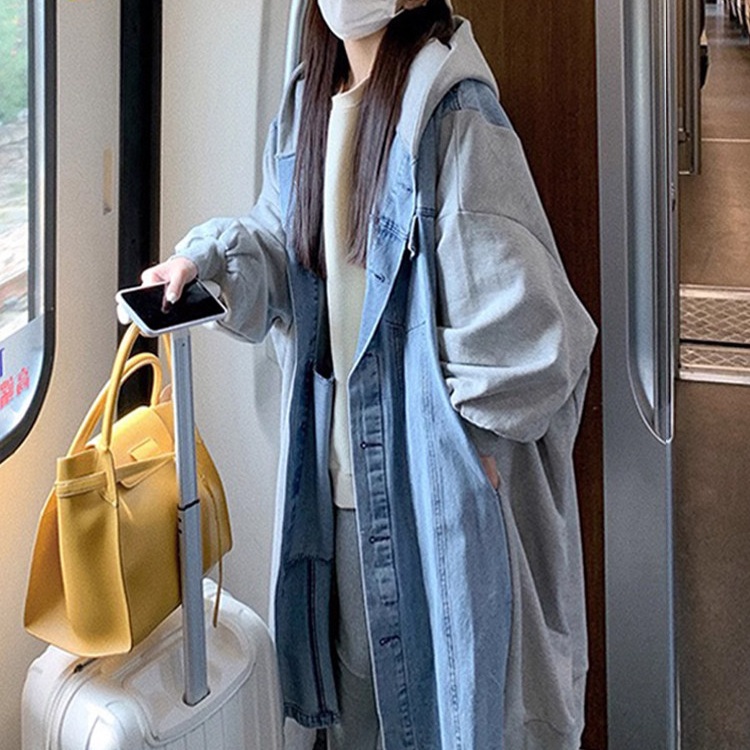 여성 가을 겨울 데님 면혼방 배색 롱기장 후드 루즈핏 오버사이즈 벌룬소매 데일리 캐주얼 - 상품 이미지