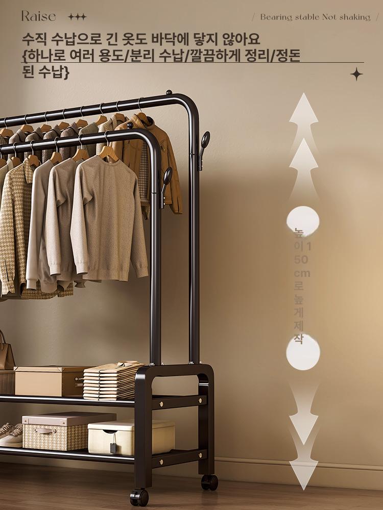스탠드 옷걸이 다용도 바퀴 달린 이동식 드레스룸 수납 130cm 블랙 탄소강 측면3단수납선반 + - 상세 이미지 3