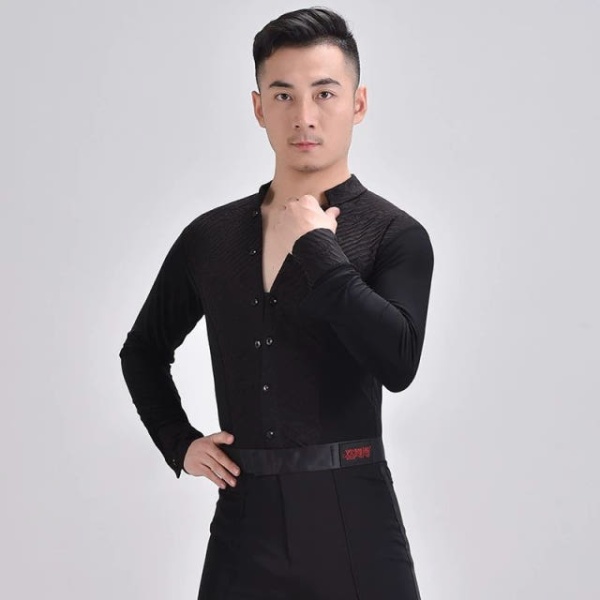 화려한 남성 라틴 댄스복 무대 상의 현대무용 반팔 브이넥 꽃무늬 화이트 화이트 XXL - 상세 이미지 2