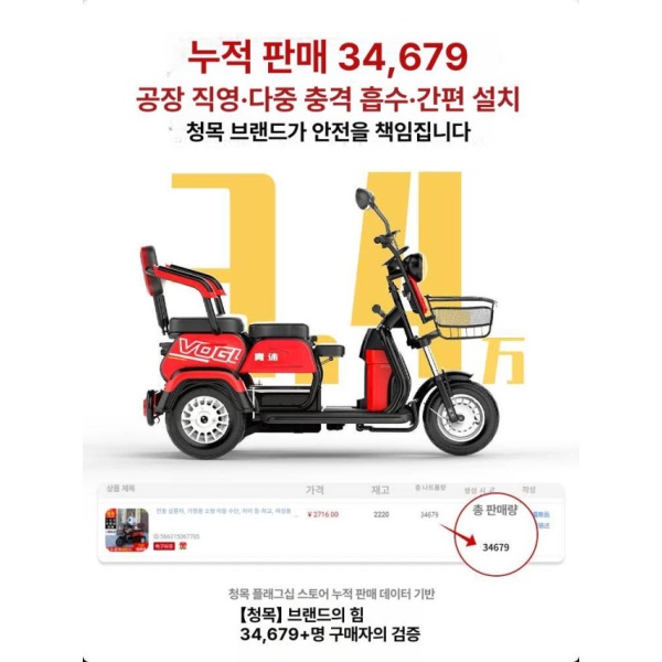 프리미엄 시골 마실용 노인 성인용 접이식 세발스쿠터 전기자전거 600W 전기모터+60V D 600W 48V 특가 자체 48V - 상세 이미지 4