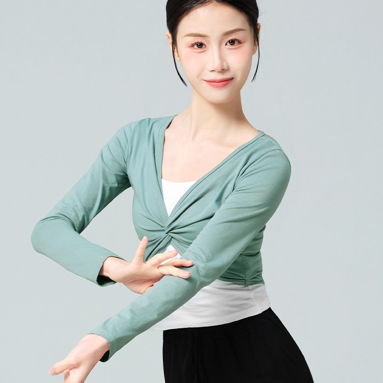 성인 발레 볼레로 꼬임 V넥 크롭 롱슬리브 신축성좋은 가디건 무용 연습용 요가 필라테스 - 상품 이미지
