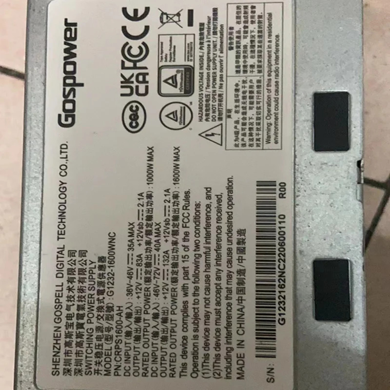 GOSPOWER BEL 48V 1300W 1600W PEC1300-12-074ND G1232-1600WNC 리퍼 전원공급장치