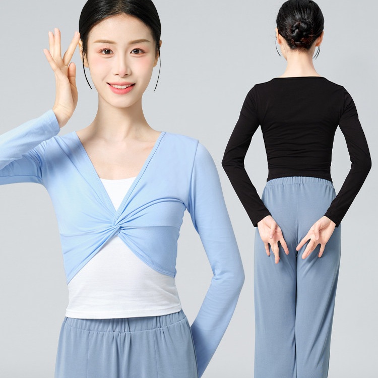 성인 발레 볼레로 꼬임 V넥 크롭 롱슬리브 신축성좋은 가디건 무용 연습용 요가 필라테스 - 상세 이미지 2