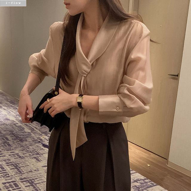 헤니 루즈핏 텐셀 타이 블라우스 3col 봄 가을 매듭 쉬폰 새틴 라인 하객 제이플로우 이미지 7