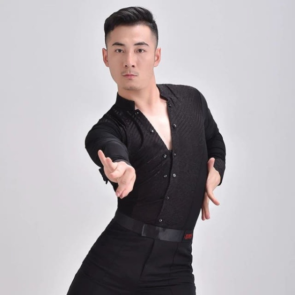 화려한 남성 라틴 댄스복 무대 상의 현대무용 반팔 브이넥 꽃무늬 화이트 화이트 XXL - 상품 이미지