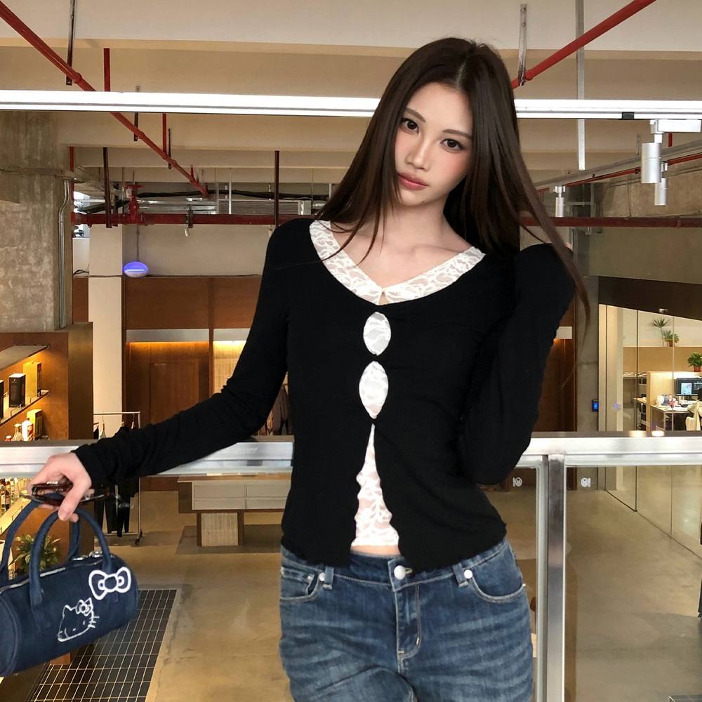 레이스안감 가짜투피스 펀칭긴팔티 슬림핏 예쁜 아이돌 공항패션 봄가을 블랙화이트 - 상세 이미지 4