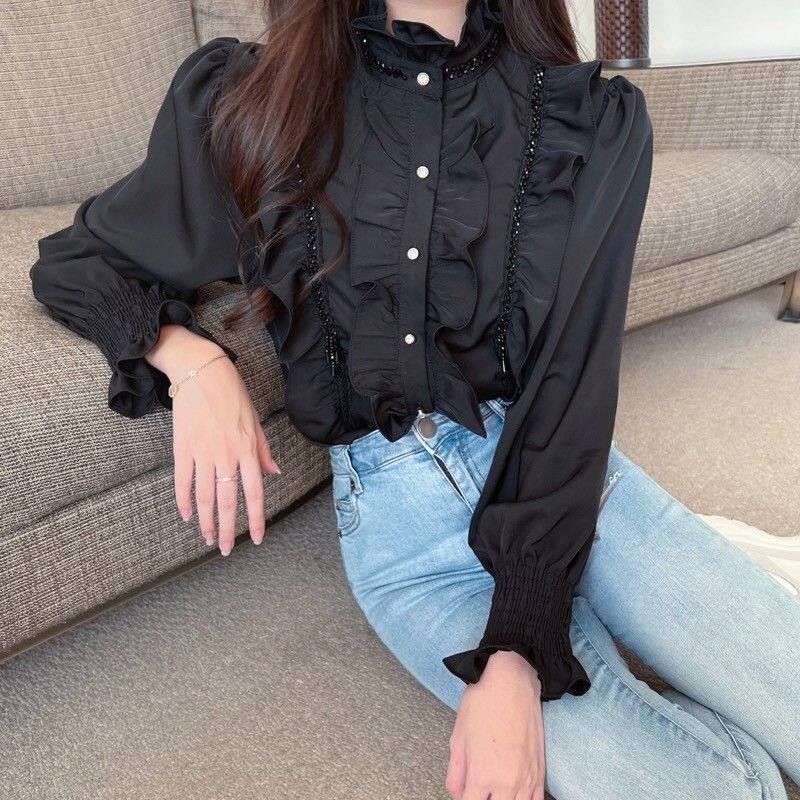 하이넥프릴블라우스 빅사이즈 벌룬 쉬폰 남방 여성 프릴넥 - 상세 이미지 2