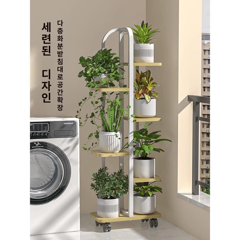 화분 진열대 베란다 이동식 거실 철제 인테리어 계단식 5칸 화이트 프레임+내추럴 우드 - 상세 이미지 2
