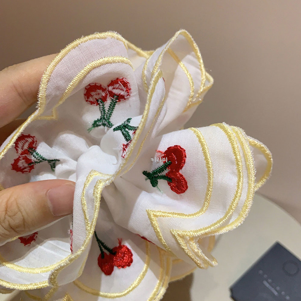 빈티지 체리 자수 곱창머리끈 쉬폰 스크런치 꽃잎 헤어슈슈 풍성한 곱창밴드 - 상세 이미지 3