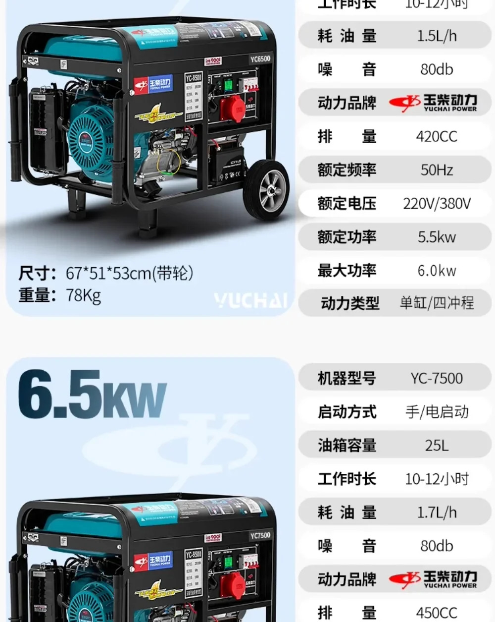 소형 단일 3상발전기 220V 3 5 6 8 10KW 380V