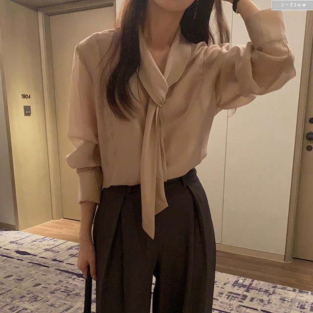 헤니 루즈핏 텐셀 타이 블라우스 3col 봄 가을 매듭 쉬폰 새틴 라인 하객 제이플로우 - 상세 이미지 2