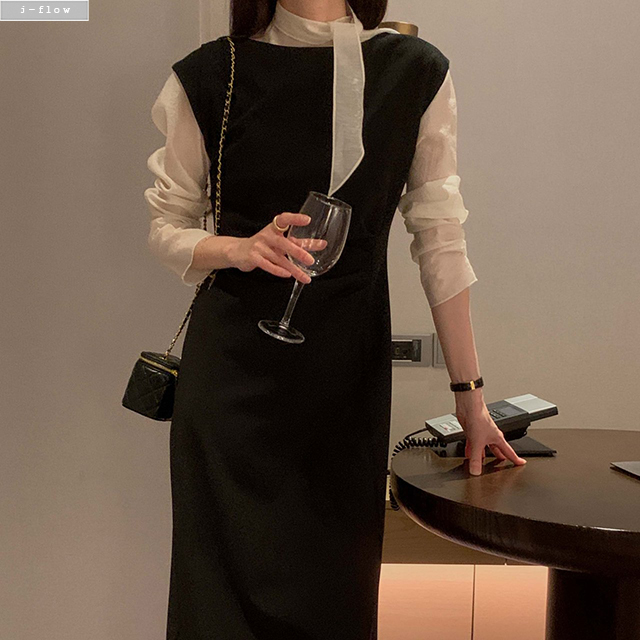 퍼리 보트넥 옆핀턱 뷔스티에 맥시 롱 원피스 1col S,M 봄 가을 레이어드 제이플로우 이미지 8