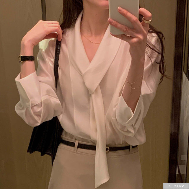 헤니 루즈핏 텐셀 타이 블라우스 3col 봄 가을 매듭 쉬폰 새틴 라인 하객 제이플로우 이미지 8
