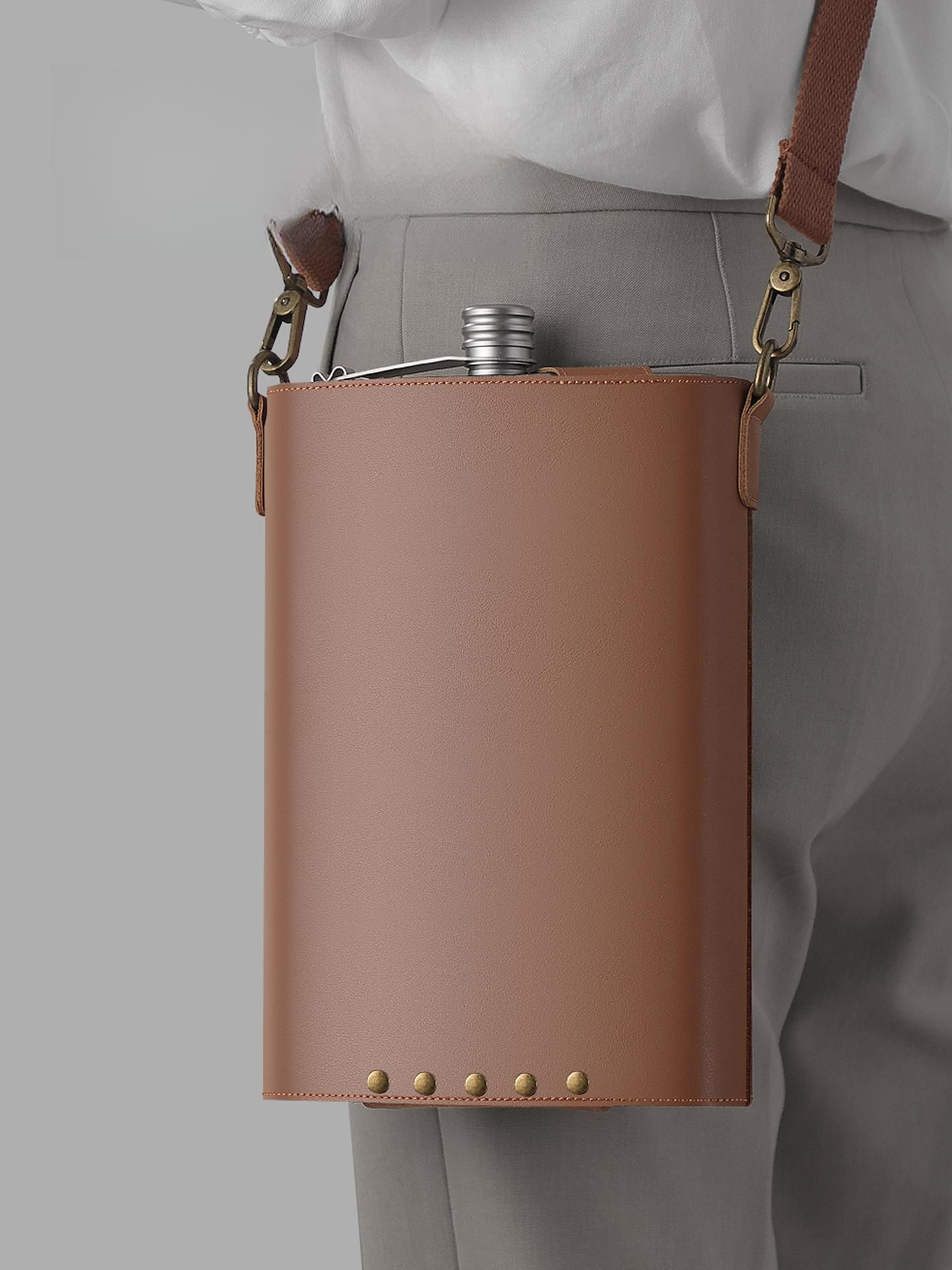 티타늄 힙 플라스크 1500ml 술병 와인 위스키 티타늄 1500ml+가죽 브라운 - 상품 이미지