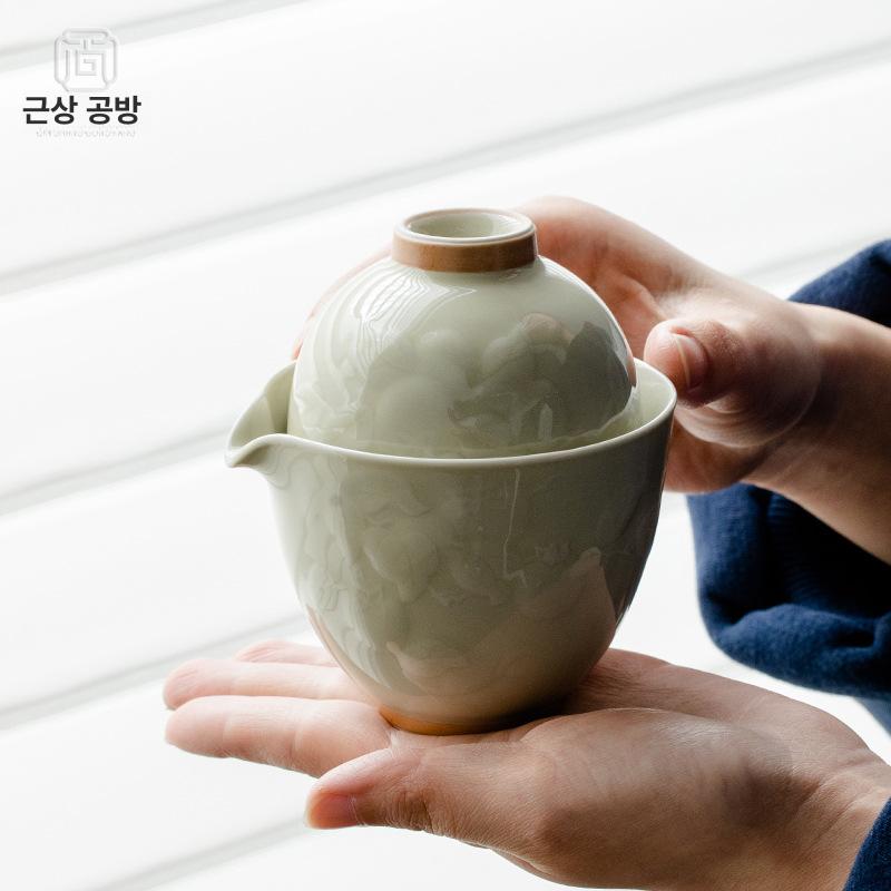 휴대용 다도세트 여행용 1인 차마시기 도자기 유약 꽃무늬 간편한 야외 캠핑 베이지 - 상세 이미지 2