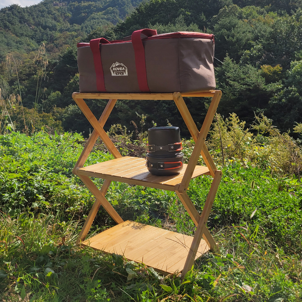 애니클리어 캠핑용 우드쉘프 접이식 테이블 감성 원목 3단 다용도 선반 주방수납장 신발장