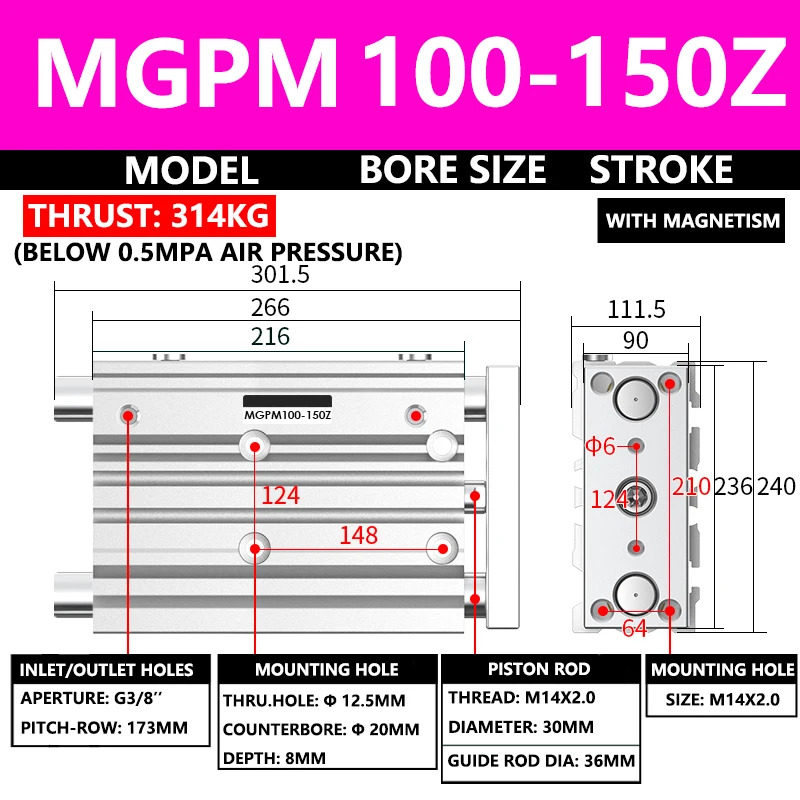 ABILKEEN MGPM 시리즈 공압식 소형 가이드 실린더 MGPM100-150Z 100MM 보어 X 150MM 스트로크 3축 3로드 에어
