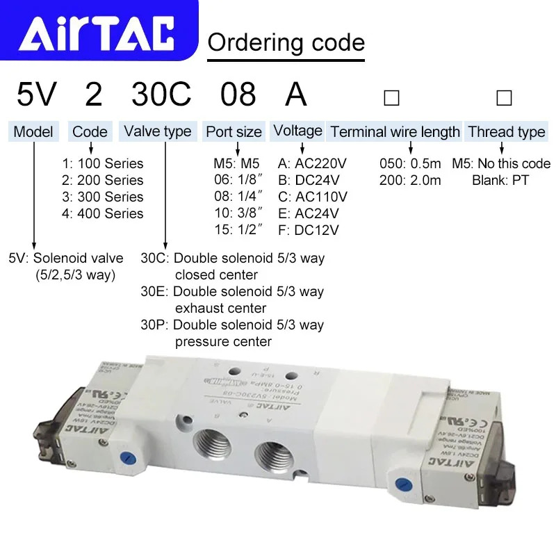 AIRTAC 5V130C-06/M5 5V230C-08 5V330C-10 E P 공압 5/3 웨이 이솔레노이드 밸브 반전 12V 24V 110V 220V